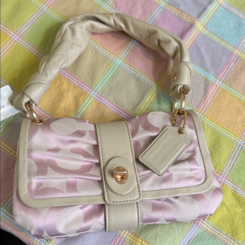 Coach Pale Pink Satin Logo Shoulder Bag with Cream Trim